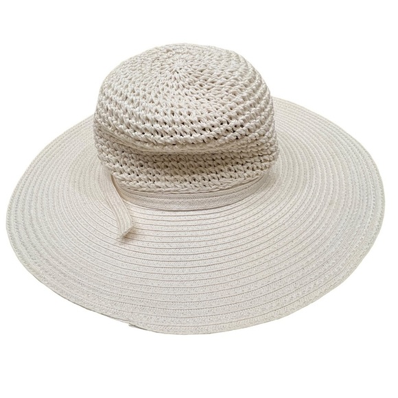 𝅺Woven Ivory Wide Brimmed Floppy Travel Vacation Pool Beach Summer Hat - Picture 1 of 10